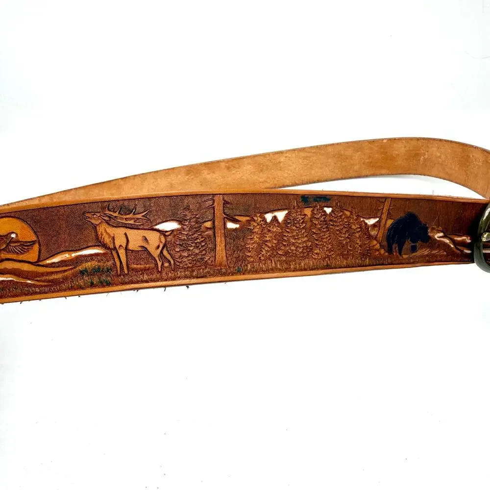 Tooled Leather Western Belt 42 Elk Bear Eagle Wildlife Nature Scene Oval Buckle